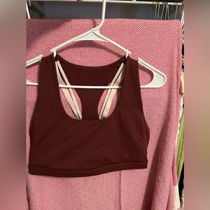 strappy maroon fabletics sports bra